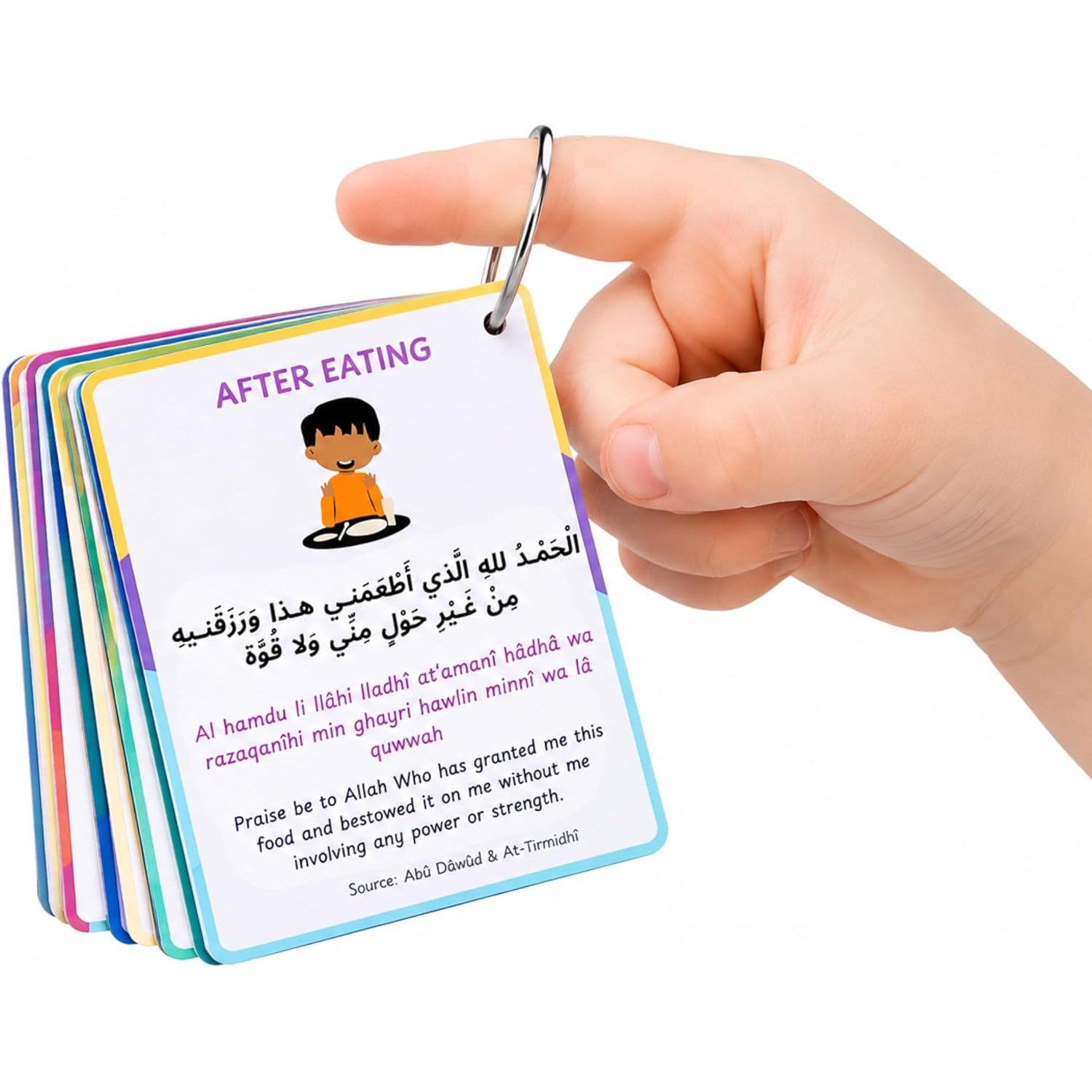 Child holding Islamic dua flashcards on a ring