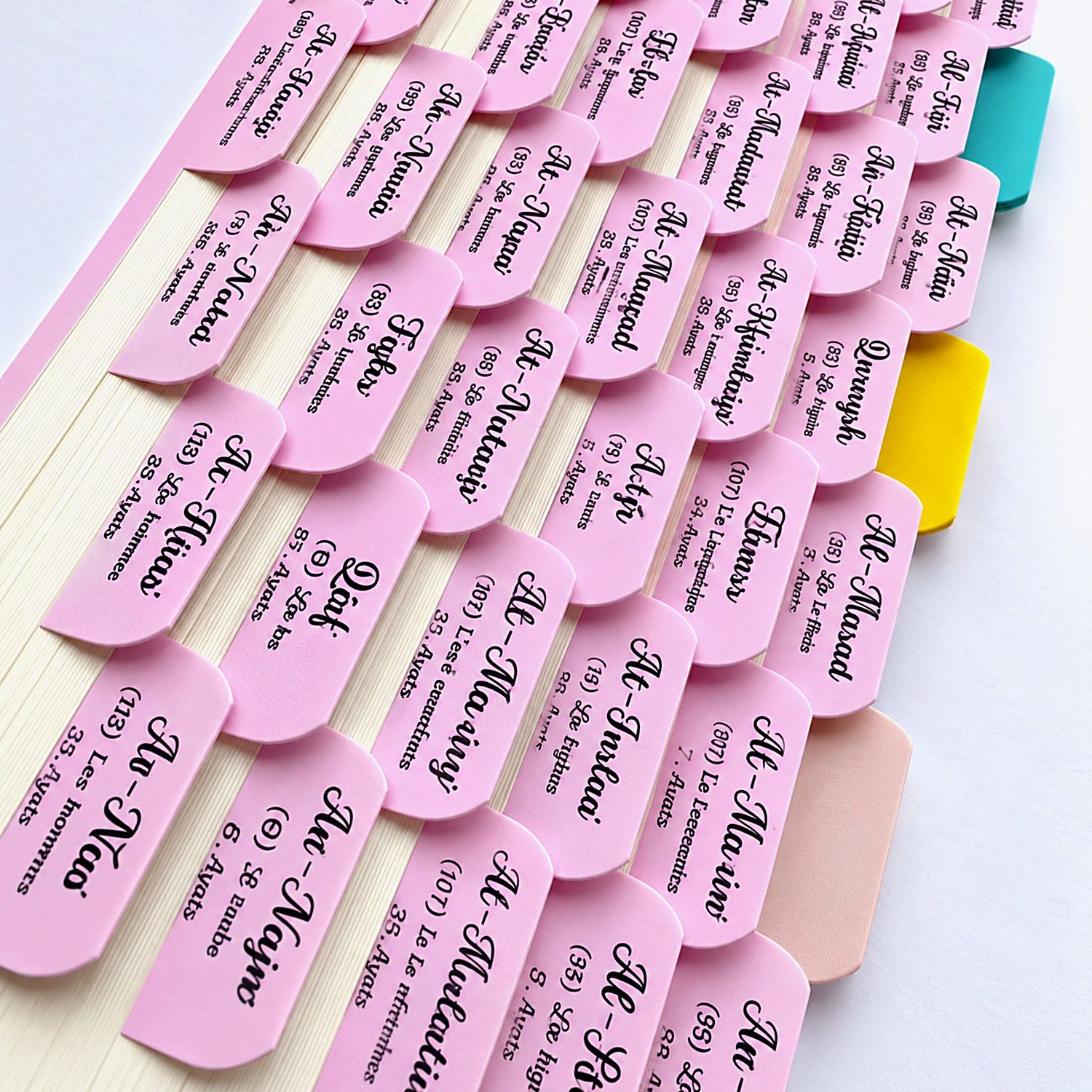 Pink Quran tabs applied on a Mushaf
